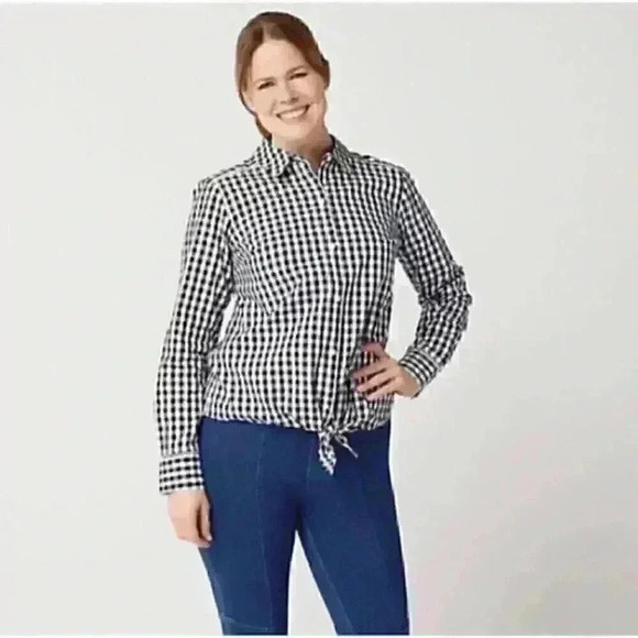 Euc Isaac Mizrahi Button Front Black white checker Gingham Shirt 8 - Picture 1 of 13